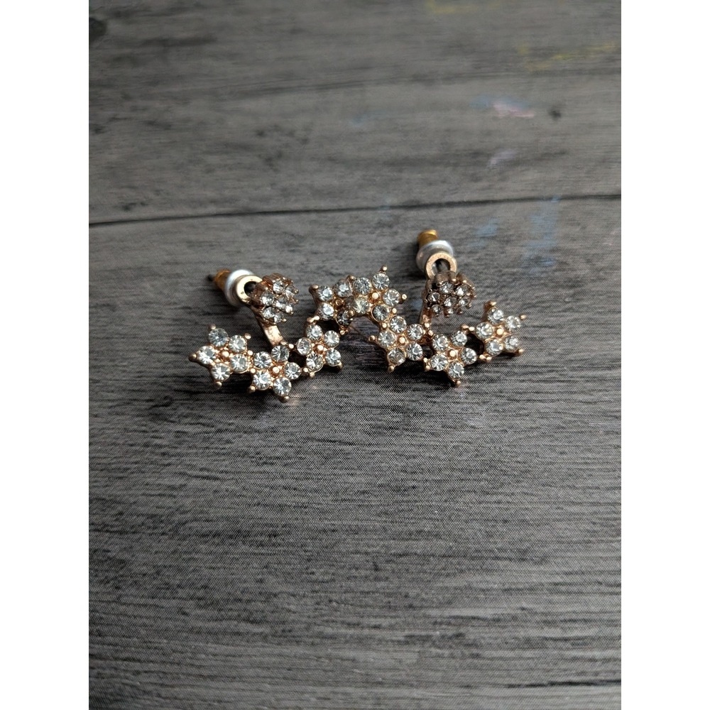 Gold Tone Rhinestone Floral Ear Jacket Crawler Earrings Clear Crystal Flower